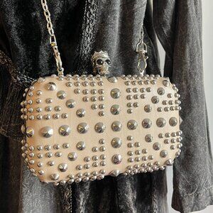 Beige Studded Skull Clutch